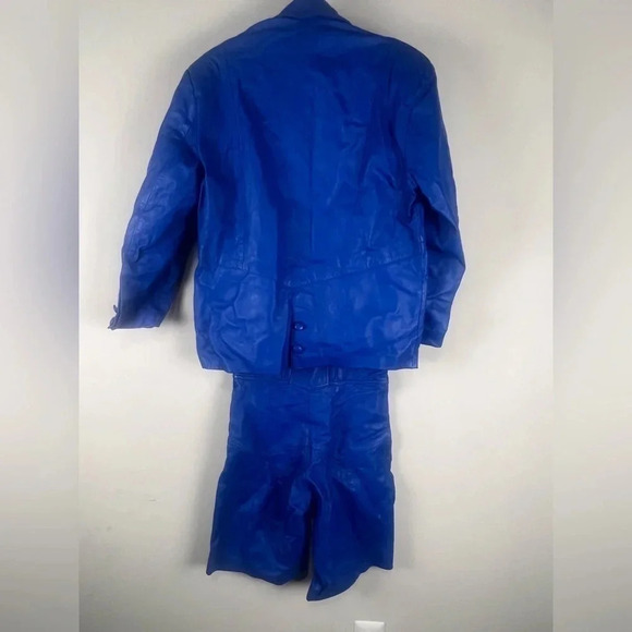 Royal Blue Genuine Leather Cropped Jacket And High Waist Shorts Set - Picture 9 of 15